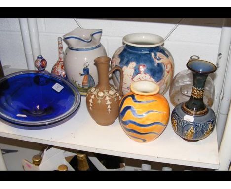A Doulton Lambeth baluster vase, Quimper jug, together with various ceramics 