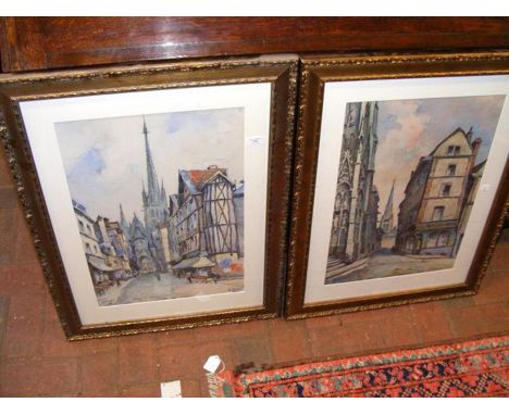R BILLIOT - a pair of watercolours of Rouen - 54cm x 37cm