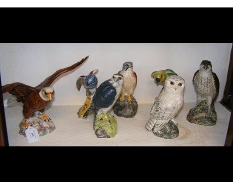 A collection of six Beswick ornithological figures, including one full whisky decanter, together with a Royal Doulton 'Snowy 