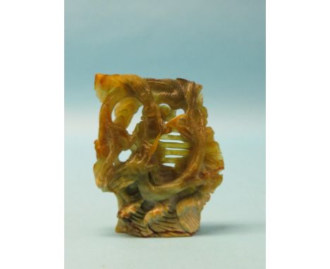 A green mineral carving, two dragons and flaming pearl, 8in