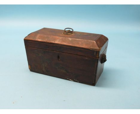 A 19th century yew-veneered tea caddy, sarcophagus-shape with brass lion-mask handles, circa 1830, 12in., together with a por