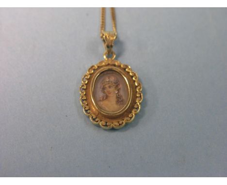 An 18ct. gold pendant, oval-shape with enclosed portrait miniature, on 18ct. gold chain, 7.1 grams gross total