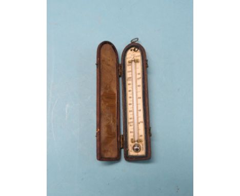 A small 19th century thermometer, ivory register plate impressed J. H. Steward, Strand, in folding leather case, 5.5in.