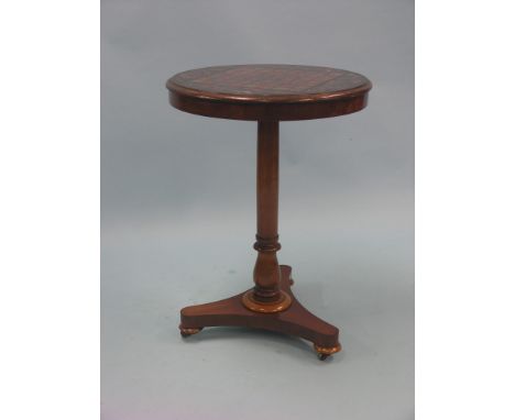 A Victorian mahogany and marble games table, circular marble top with inset games board, on tripod base, with casters, top 1f