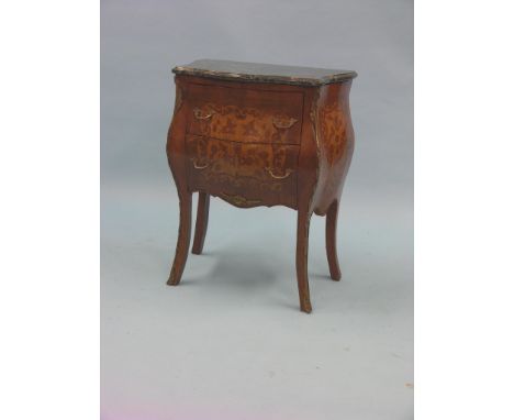 A Louis XV-style mahogany and marquetry bombe commode, serpentine-fronted with verde antico marble top, two drawers, ormolu m