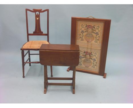 A mahogany Sutherland table, inset needlework firescreen and an Edwardian inlaid mahogany bedroom chair