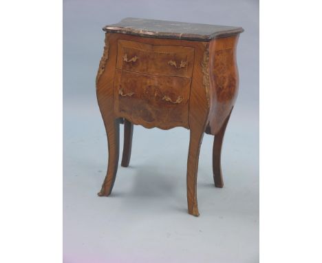 A Louis XV-style walnut and parquetry bombe commode, serpentine-fronted with verde antico marble top, two drawers, ormolu mou