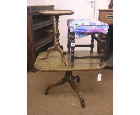 A Victorian mahogany tripod table, cut-down, together with a dark-stained walnut barley-twist stool and a mahogany wine table