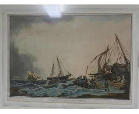 Fishermen going out at Worthing - coloured lithograph after P Loutherbourg, engraved by Hill, published October 1808, 14 x 20