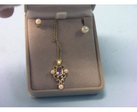 A 9ct. gold, amethyst and seed-pearl pendant, on fine-link 9ct. gold chain and a pair of seed-pearl ear-rings, one ear-ring n