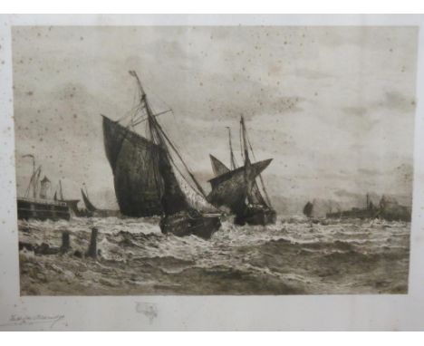 F. J. Aldridge - monochrome etching, entitled verso Making the Harbour, signed in pencil on mount, 15 x 21in. - damp-stains