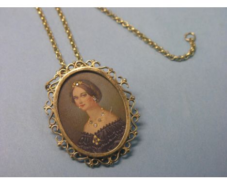 A 9ct. gold pendant, scroll outline with oval portrait miniature of a lady enclosed, on 9ct. gold chain, 20.4 grams gross tot
