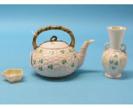 Belleek, a clover-leaf teapot, some damage, an octagonal vase and a trinket dish, printed marks in green