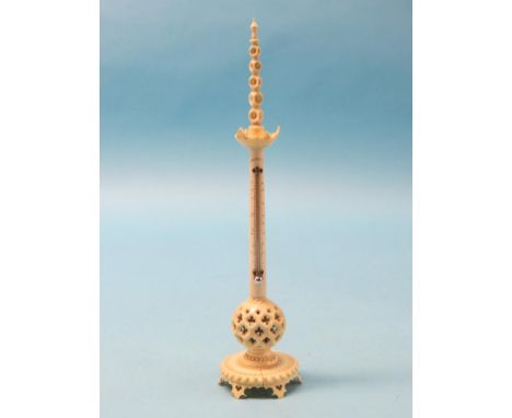 A 19th century ivory desk thermometer, Reaumur scale, columnar stand with carved and pierced detail, 12.5in