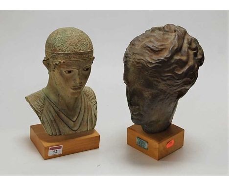 Two reproduction ceramic busts of Classical figures, each on hardwood plinths, the largest h.27cm