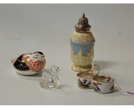 An Augustus Rex porcelain two-section table salt; together with a Locke & Co of Worcester sugar caster, a Royal Crown Derby p