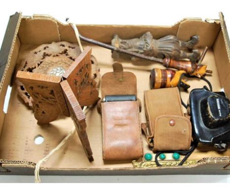 A box containing a collection of items, to include treen and vintage cameras
