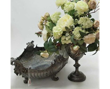 A Rococo Revival silver plated boat shaped table centrepiece, with applied mask ends (for re-plating), w.55cm; together with 