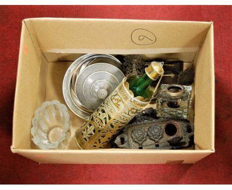 A box of miscellaneous items, to include a George V cut glass silver topped inkwell, a Salter's Patent copper deskstand, Post