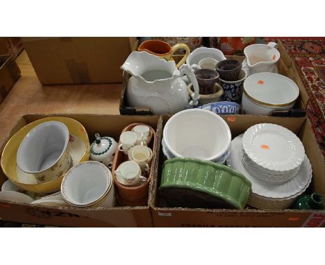 Three boxes of miscellaneous china, to include Coalport coffee cans, Johnson Brothers part dinner service, cock-and-hen potte
