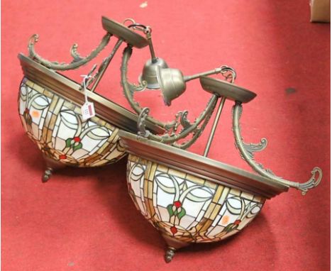 A pair of reproduction Tiffany style ceiling light fittings