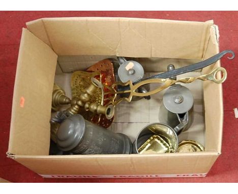 A box of miscellaneous metalware, to include Victorian pewter loving cup inscribed for the Exeter College Boat Race, a pair o