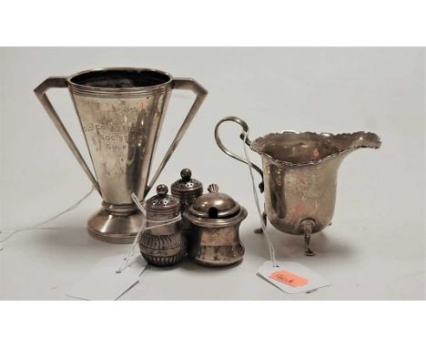 An Art Deco silver twin handled trophy cup, of tapered conical form, for the Old Colcestrian Society Golf, dated 1937; togeth