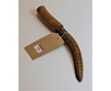 A Victorian turned beech and penwork decorated 'knife', the curved blade inscribed 'First Presbyt Church, Bagaar(?) 1891 Isla