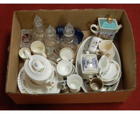 A box of miscellaneous china and glassware, to include Aynsley Cottage Garden pattern tablewares, pair of decanters with stop