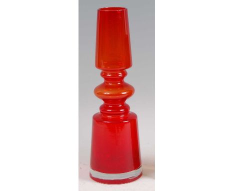 Tamara Aladin (1932-2019) for Riihimaki - a 1960s red glass vase, of tapering cylindrical form, with knopped centre, h.25.3cm