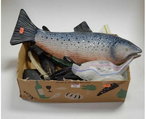 A box of miscellaneous items, to include a large ceramic model of a fish, Eastern jimbaya, camera accessories etc 