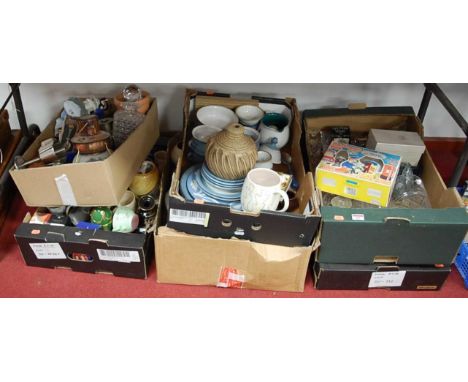 Six boxes of miscellaneous china and glassware, to include Wedgwood blue jasper wares, Postman Pat ceramic egg-cup and mug, d