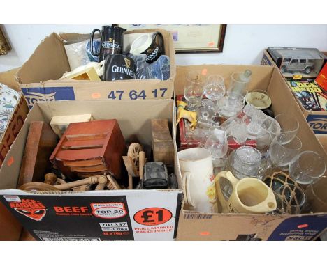 Three boxes of miscellaneous items, to include Guinness water jugs, plastic White Horse scotch whisky advertising figure, Mil