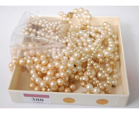 Assorted faux pearl necklaces; together with a cultured necklace with paste set clasp etc 