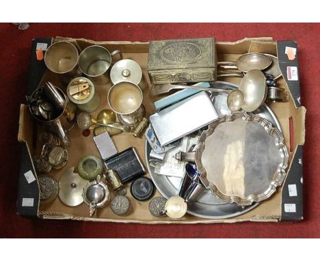 A box of miscellaneous items, to include silver plated card waiter, goblets, onyx table cigarette lighter etc 