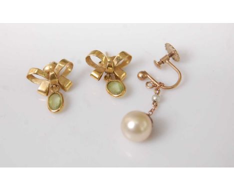A pair of yellow metal green peridot set ear studs, stamped 18k, 2.1g, 12mm; together with a 9ct gold and cultured pearl ear 