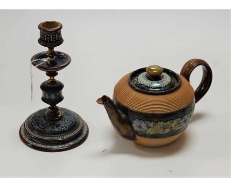 A Doulton Lambeth stoneware multi-knopped candlestick, with brass fittings, impressed marks, h.21cm; together with a Doulton 