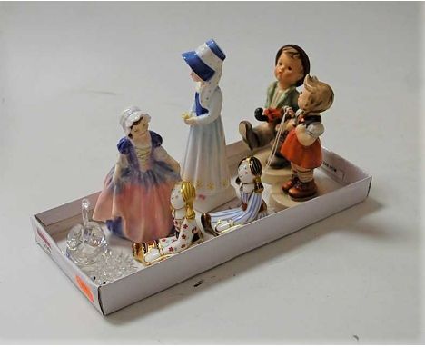 Two Swarovski cut crystal animal ornaments; together with two Hummel figures; a pair of Derby porcelain 'Treasures of Childho