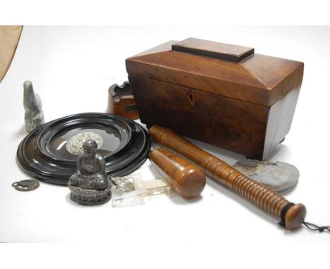 A collection of miscellaneous items, to include Victorian mahogany tea caddy of sarcophagus form, fossil ammonite and soapsto