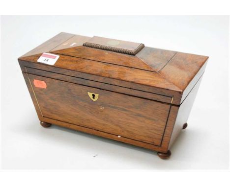A circa 1830 rosewood and brass strung sarcophagus tea caddy (some losses), w.28cmCondition report: Some brass stringing miss
