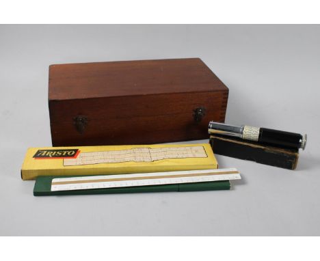 An Edwardian Mahogany Drawing Box Containing Slide Rule, Scale Rule and Otis King Model L Calculator 