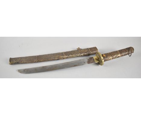 A Vintage Japanese Tanto with Brass Hilt and Scabbard decorated in Floral Motif, Steel Blade, 47cms Long 