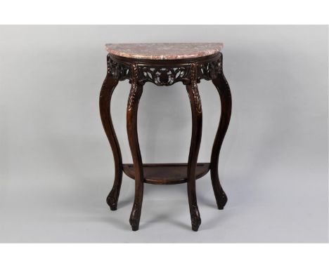 A Reproduction Marble Topped Demi-lune Console Table with Carved and Pierced Border and Extended Cabriole Supports, 61cms WId