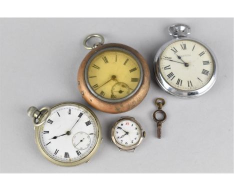 Two White Faced Enamel Pocket Watches Together with a Ingersoll Example and a Silver Cased Wrist Watch 