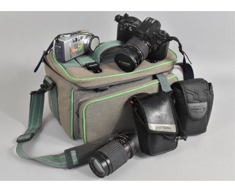 A Canvas Camera Bag Containing Canon EOS 500 Camera, Ultra Compact Sunagor MC Auto Zoom AT2-200mm Lens Etc 