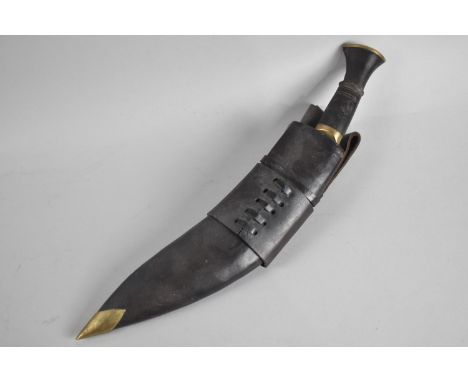 A Vintage Kukri Knife with Leather Scabbard Complete with Two Daggers, Leather Frog 