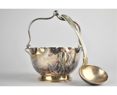 A Silver Ladle Together with an Early 20th Century White Metal Bowl with Shaped Handle and Art Nouveau Repousse Motif 