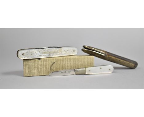 A Vintage Four Blade Pocket Knife Stamped Cut My Way with Engraved Mother of Pearl Scales, Venture, with Pouch, together with