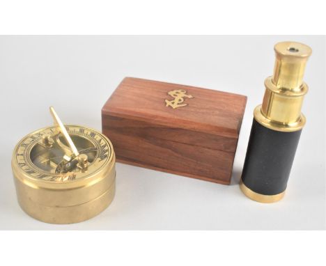A Small Reproduction Two Drawer Telescope in Wooden Box with Inlaid Brass Anchor to Lid together with a Circular Combination 