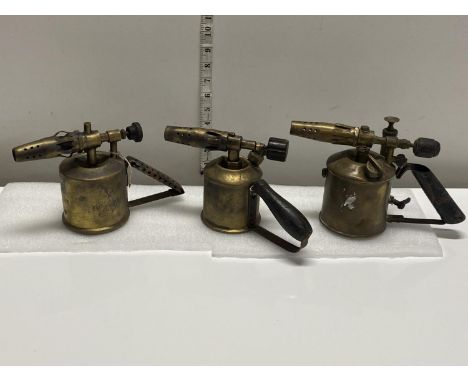 Three vintage brass blow torches, shipping unavailable